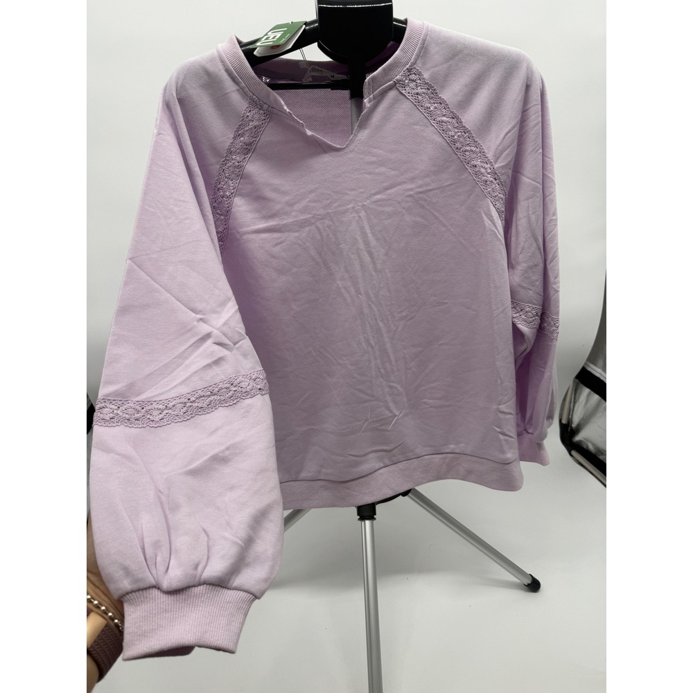UEU Women's S Lavender Lace Trim Balloon Sleeve Sweatshirt Pullover Oversized